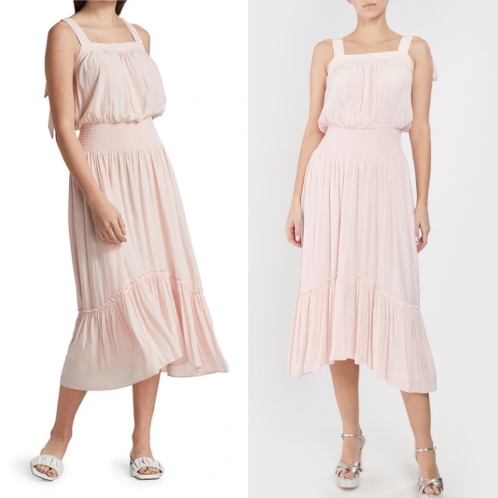 Ramy Brook Mackenzy Light Blush Pink Bow Tie Strap Midi Flowy Tier Dress Large